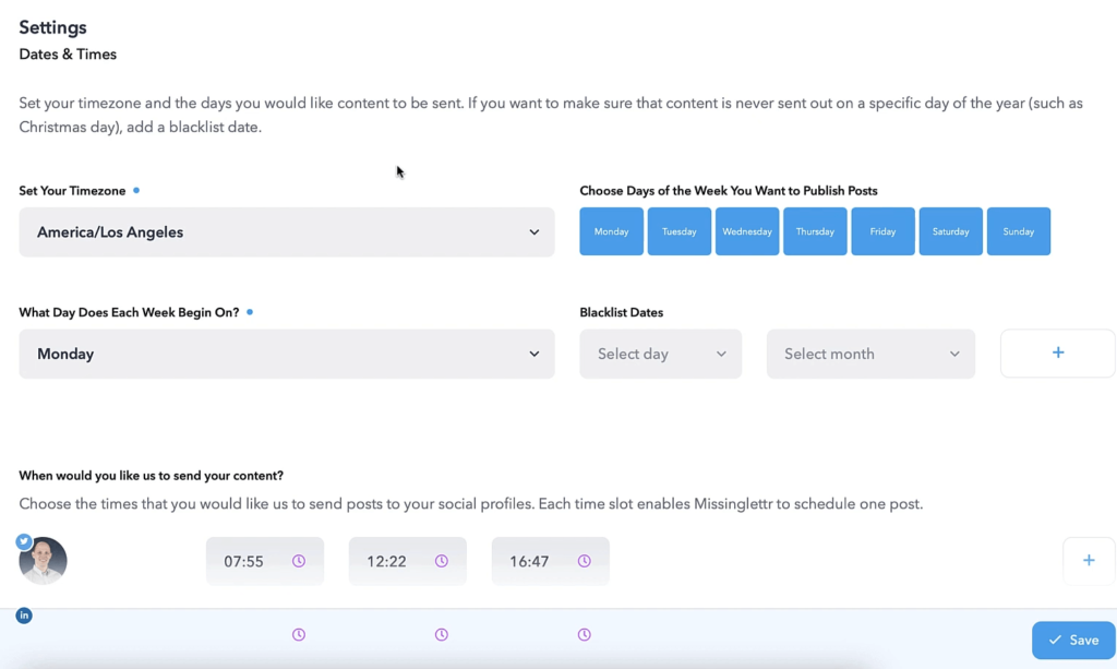 Missinglettr settings Dates & Times